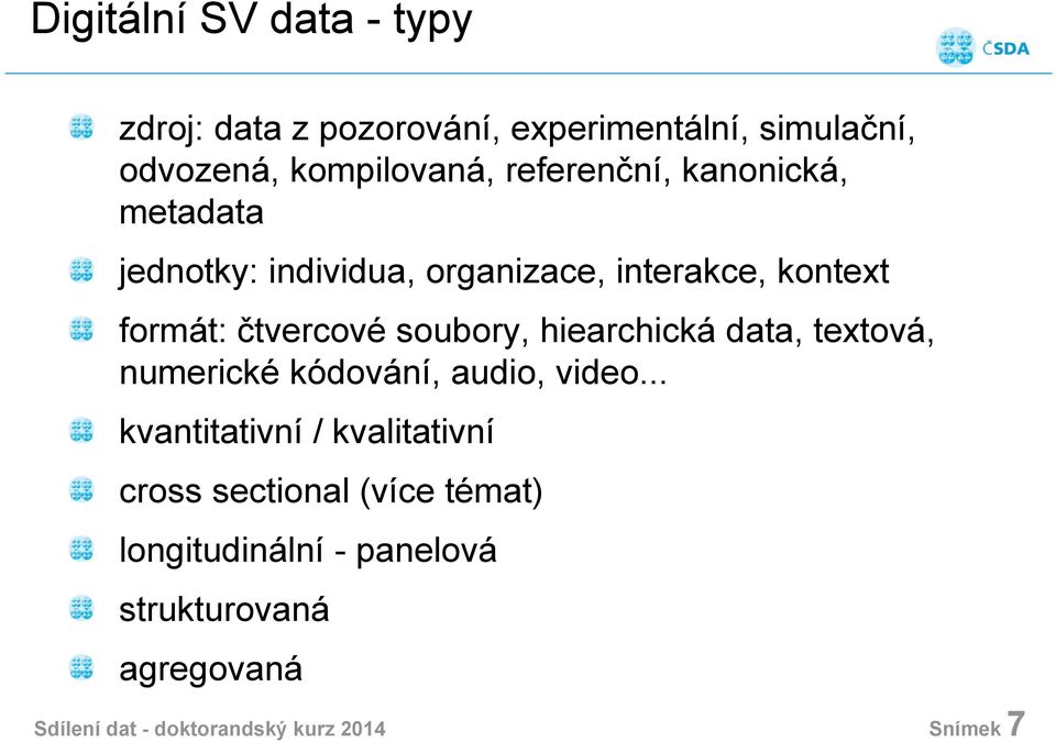 soubory, hiearchická data, textová, numerické kódování, audio, video.