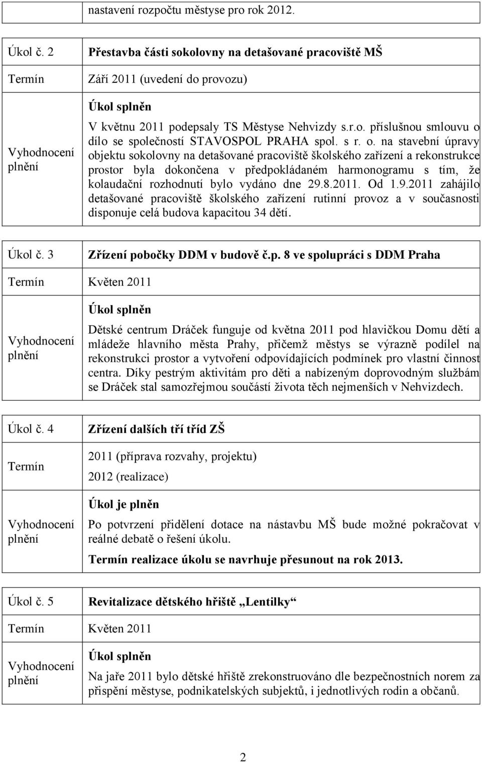 na stavební úpravy objektu sokolovny na detašované pracoviště školského zařízení a rekonstrukce prostor byla dokončena v předpokládaném harmonogramu s tím, že kolaudační rozhodnutí bylo vydáno dne 29.