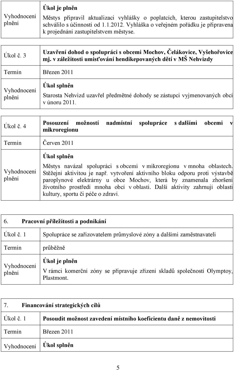 v záležitosti umisťování hendikepovaných dětí v MŠ Nehvizdy Březen 2011 Starosta Nehvizd uzavřel předmětné dohody se zástupci vyjmenovaných obcí v únoru 2011. Úkol č.