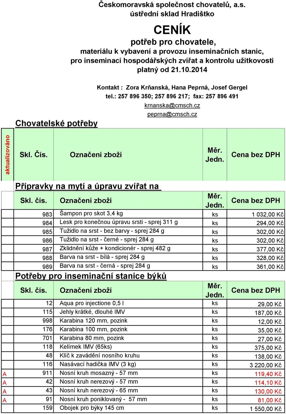 Přípravky na mytí a úpravu zvířat na 983 Šampon pro skot 3,4 kg ks 1 032,00 Kč 984 Lesk pro konečnou úpravu srsti - sprej 311 g ks 294,00 Kč 985 Tužidlo na srst - bez barvy - sprej 284 g ks 302,00 Kč