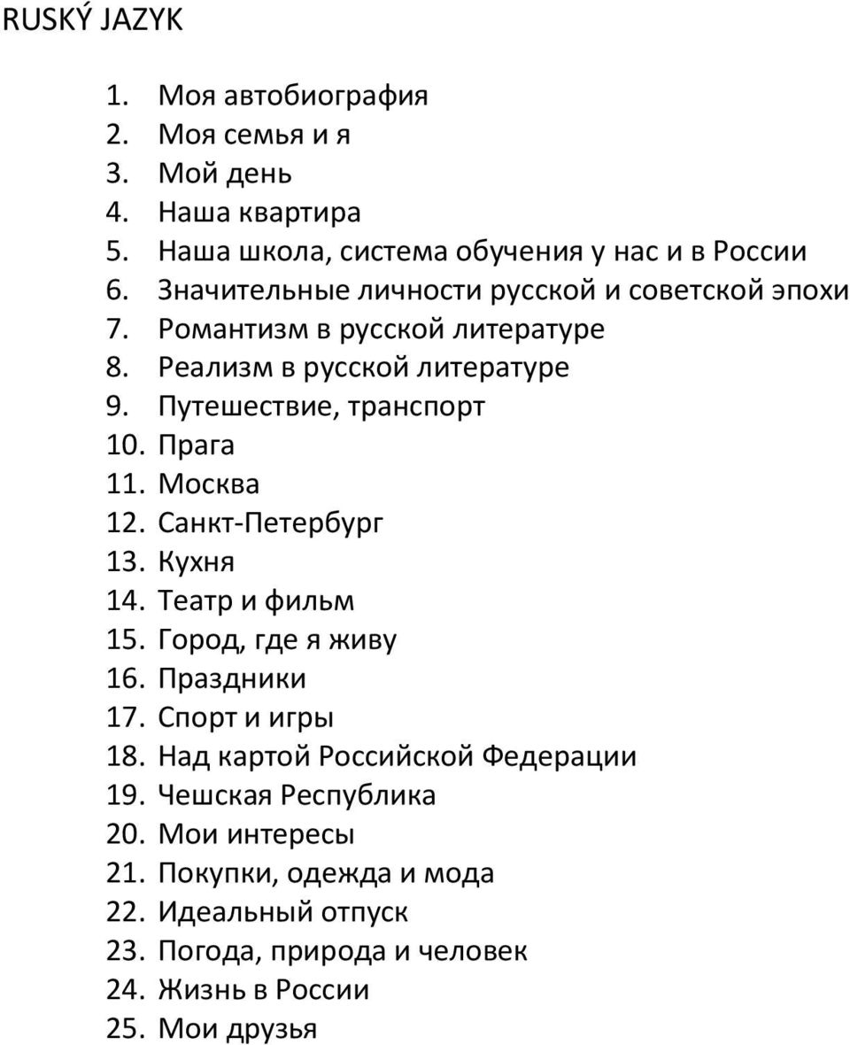 Прага 11. Москва 12. Санкт-Петербург 13. Кухня 14. Театр и фильм 15. Город, где я живу 16. Праздники 17. Спорт и игры 18.