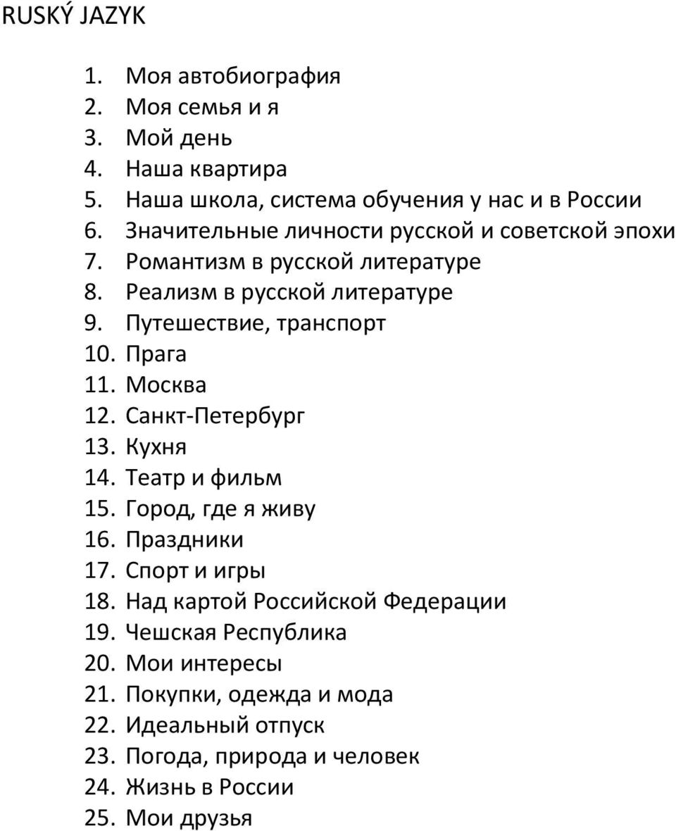 Прага 11. Москва 12. Санкт-Петербург 13. Кухня 14. Театр и фильм 15. Город, где я живу 16. Праздники 17. Спорт и игры 18.