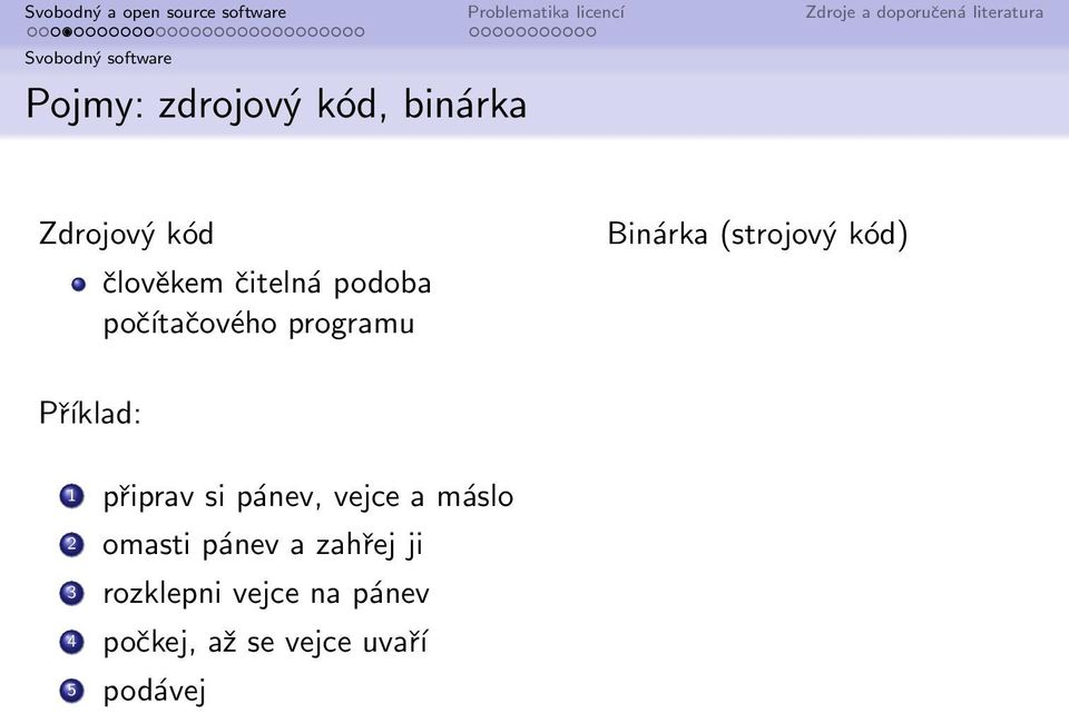 kód) Příklad: 1 připrav si pánev, vejce a máslo 2 omasti pánev a