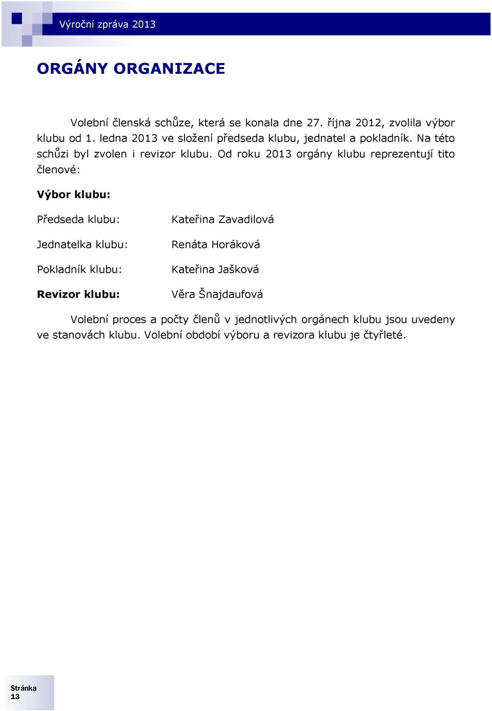Od roku 2013 orgány klubu reprezentují tito členové: Výbor klubu: Předseda klubu: Jednatelka klubu: Pokladník klubu: Revizor klubu: Kateřina