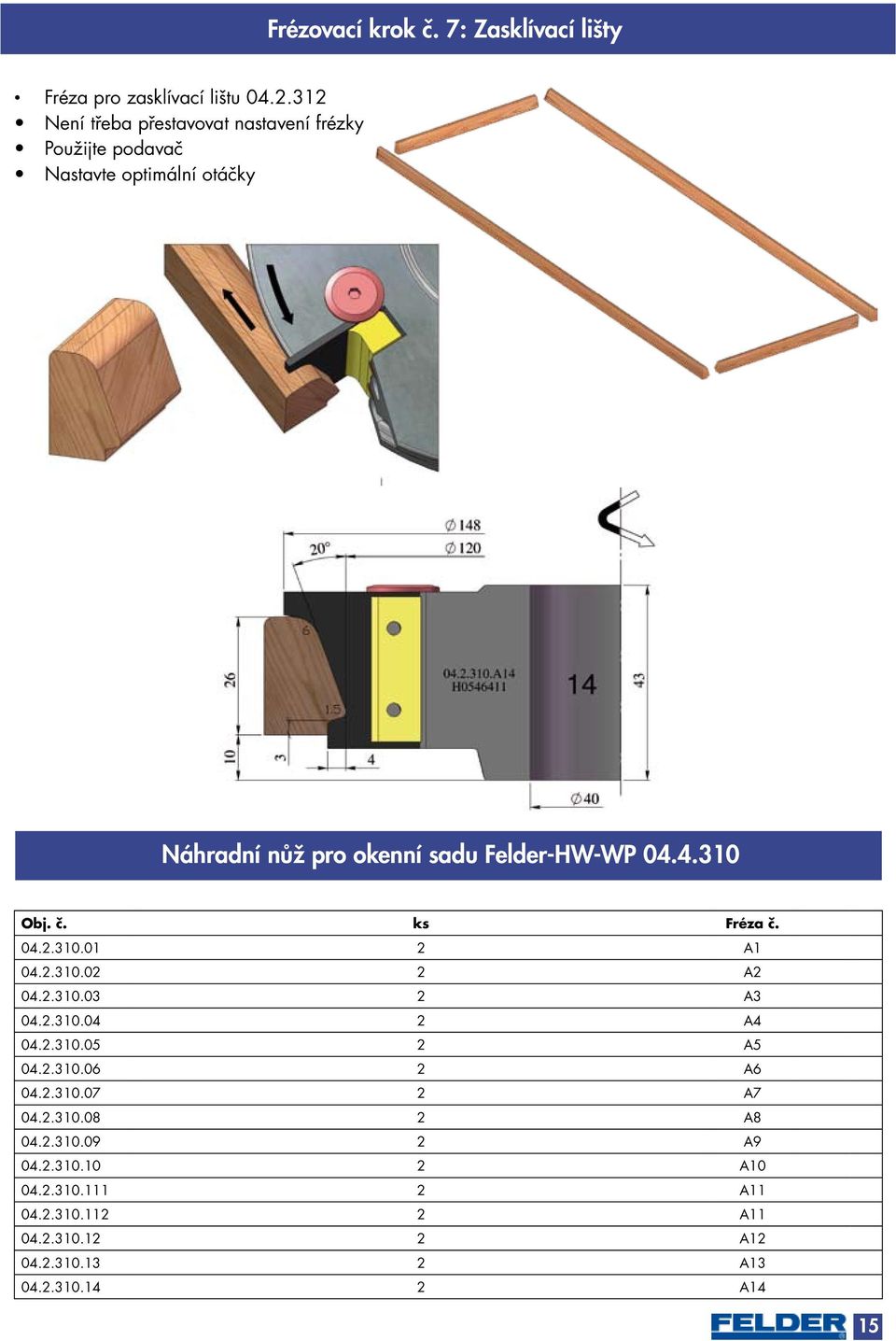 Felder-HW-WP 04.4.310 Obj. č. ks Fréza č. 04.2.310.01 2 A1 04.2.310.02 2 A2 04.2.310.03 2 A3 04.2.310.04 2 A4 04.2.310.05 2 A5 04.