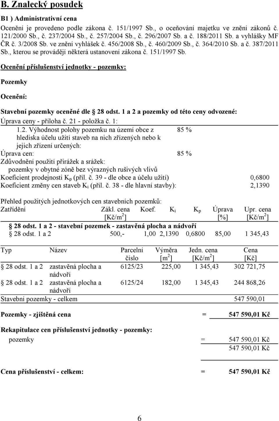 Ocenění příslušenství jednotky - pozemky: Pozemky Ocenění: Stavební pozemky oceněné dle 28