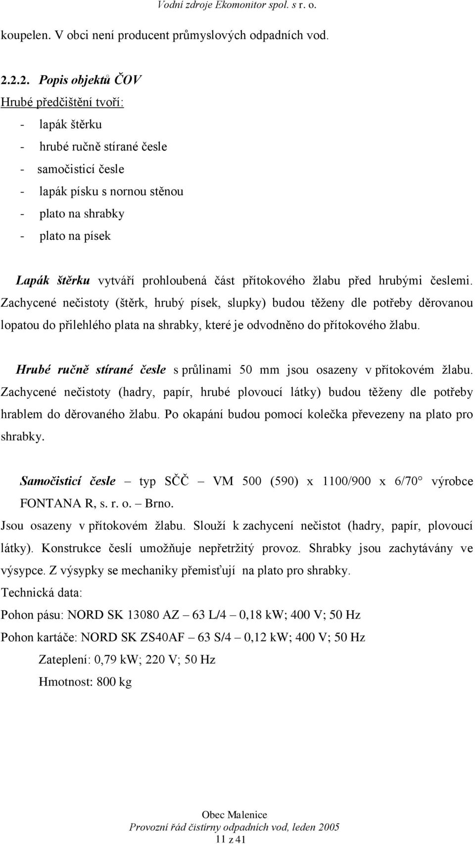 Obec Malenice. Provozní řád čistírny odpadních vod. (Zakázkové číslo: )  Výtisk č. 6/6 - PDF Stažení zdarma
