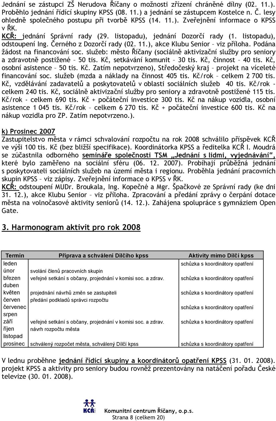 Černého z Dozorčí rady (02. 11.), akce Klubu Senior viz příloha. Podána žádost na financování soc. služeb: město Říčany (sociálně aktivizační služby pro seniory a zdravotně postižené 50 tis.