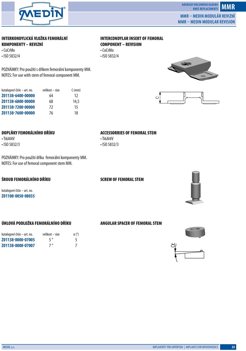 Z03-00-00000 Z03-00-00000 Z03-0-00000 Z03-00-00000 C (mm) 1 1,5 1 DOPLŇKY FEMORÁLNÍHO DŘÍKU TiAlV ACCESSORRIES OF FEMORAL STEM TiAlV POZNÁMKY: Pro použití dříku femorální komponenty MM.