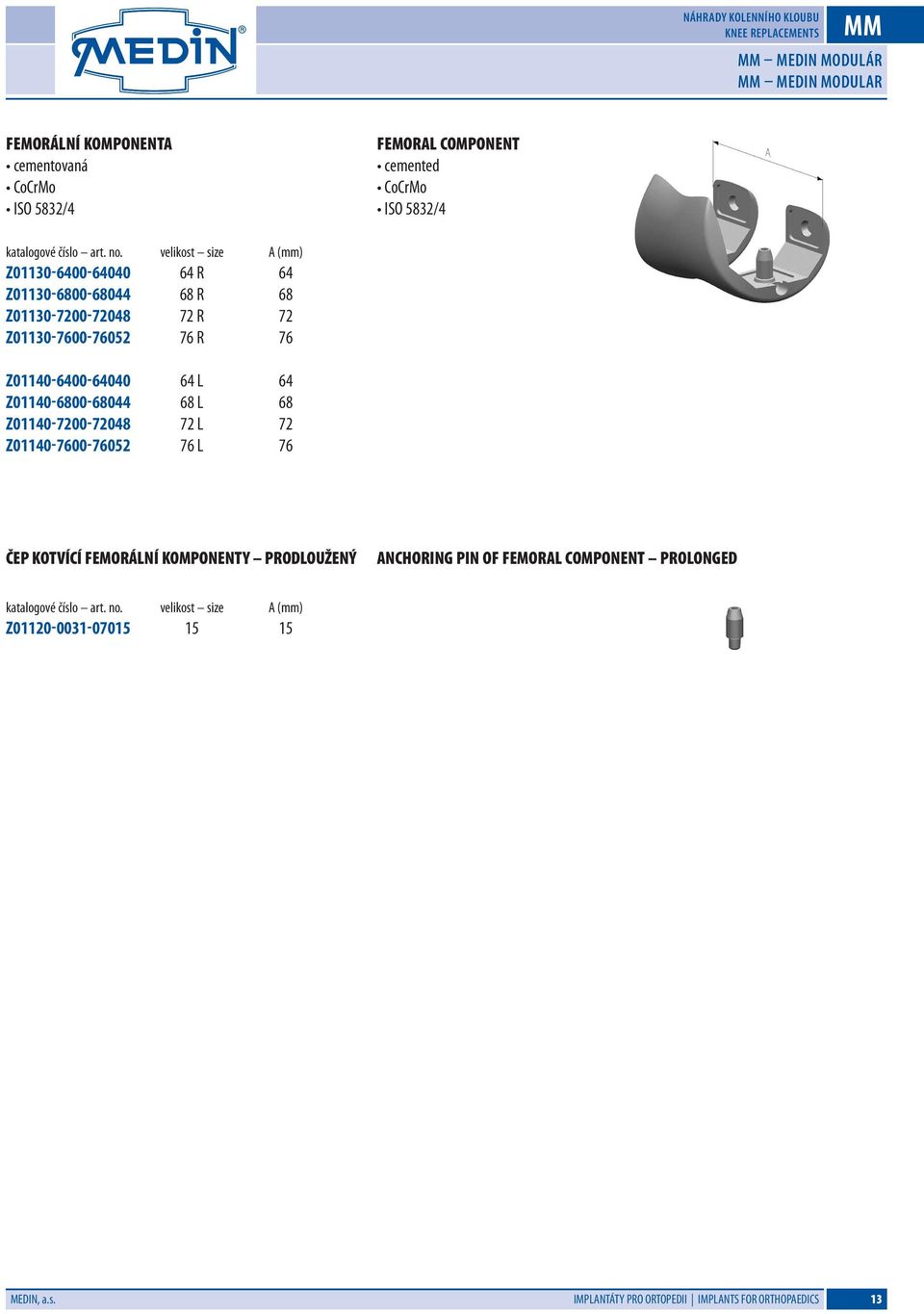 Z01-00-05 R R R R L L L L A (mm) ČEP KOTVÍCÍ FEMORÁLNÍ KOMPONENTY PRODLOUŽENÝ ANCHORING PIN OF FEMORAL