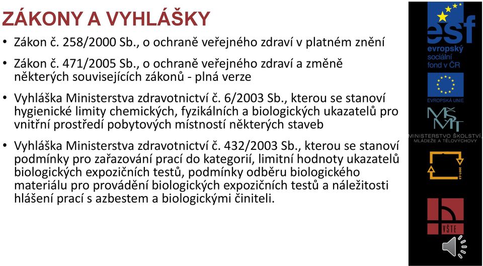 , kterou se stanoví hygienické limity chemických, fyzikálních a biologických ukazatelů pro vnitřní prostředí pobytových místností některých staveb Vyhláška Ministerstva