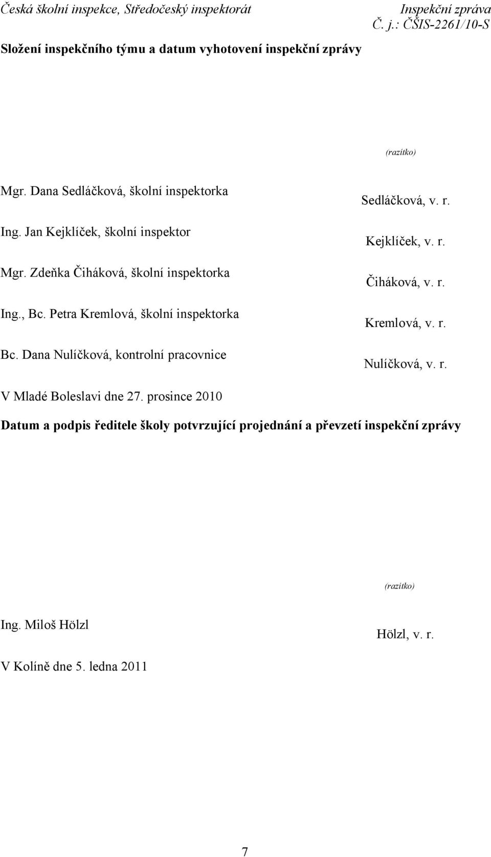 Dana Nulíčková, kontrolní pracovnice Sedláčková, v. r. Kejklíček, v. r. Čiháková, v. r. Kremlová, v. r. Nulíčková, v. r. V Mladé Boleslavi dne 27.