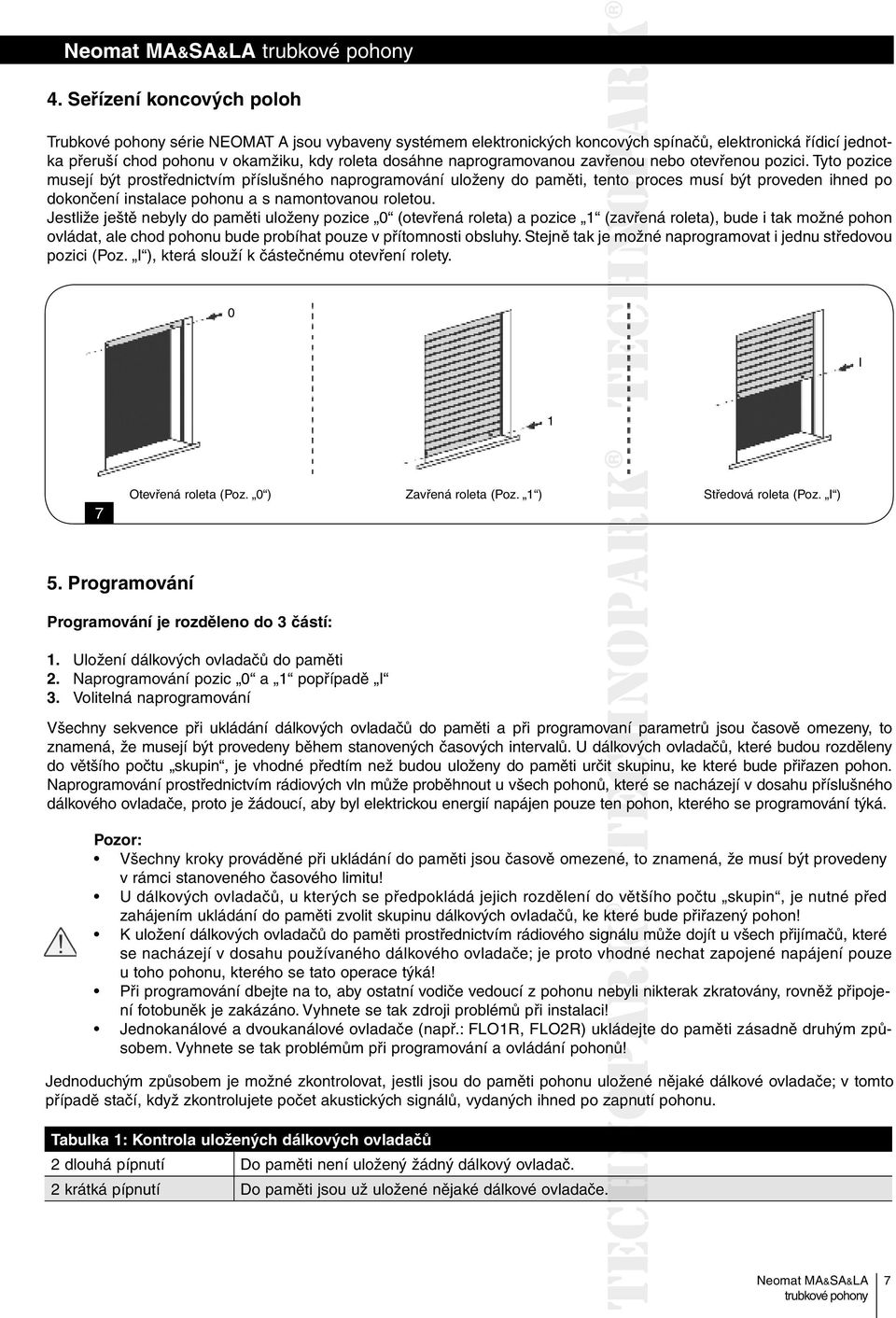 Tyto pozice musejí být prostřednictvím příslušného naprogramování uloženy do paměti, tento proces musí být proveden ihned po dokončení instalace pohonu a s namontovanou roletou.
