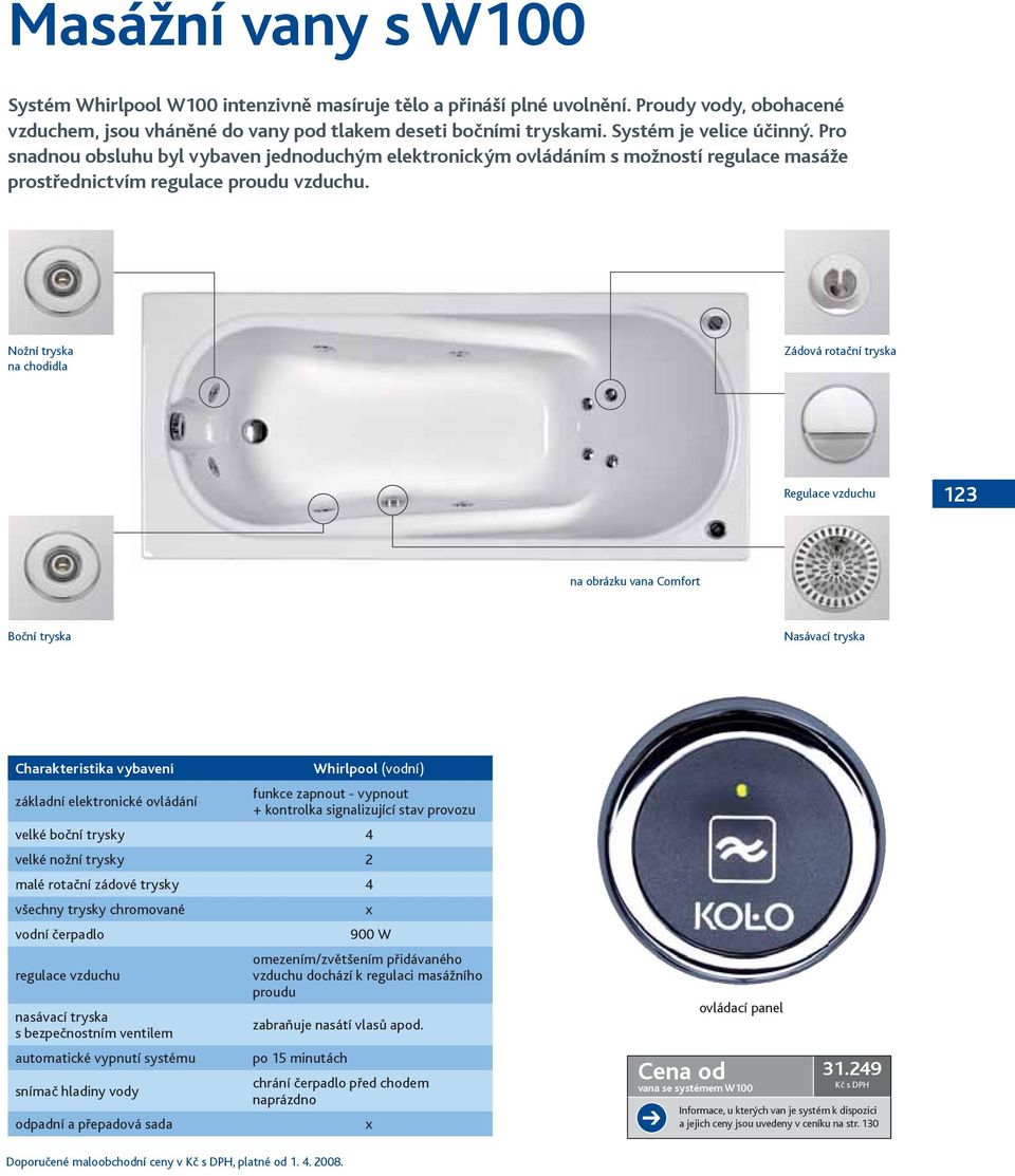 na chodidla Zádová rotační tryska Regulace vzduchu 123 na obrázku vana Comfort Whirlpool (vodní) základní elektronické ovládání funkce zapnout - vypnout + kontrolka signalizující stav provozu velké