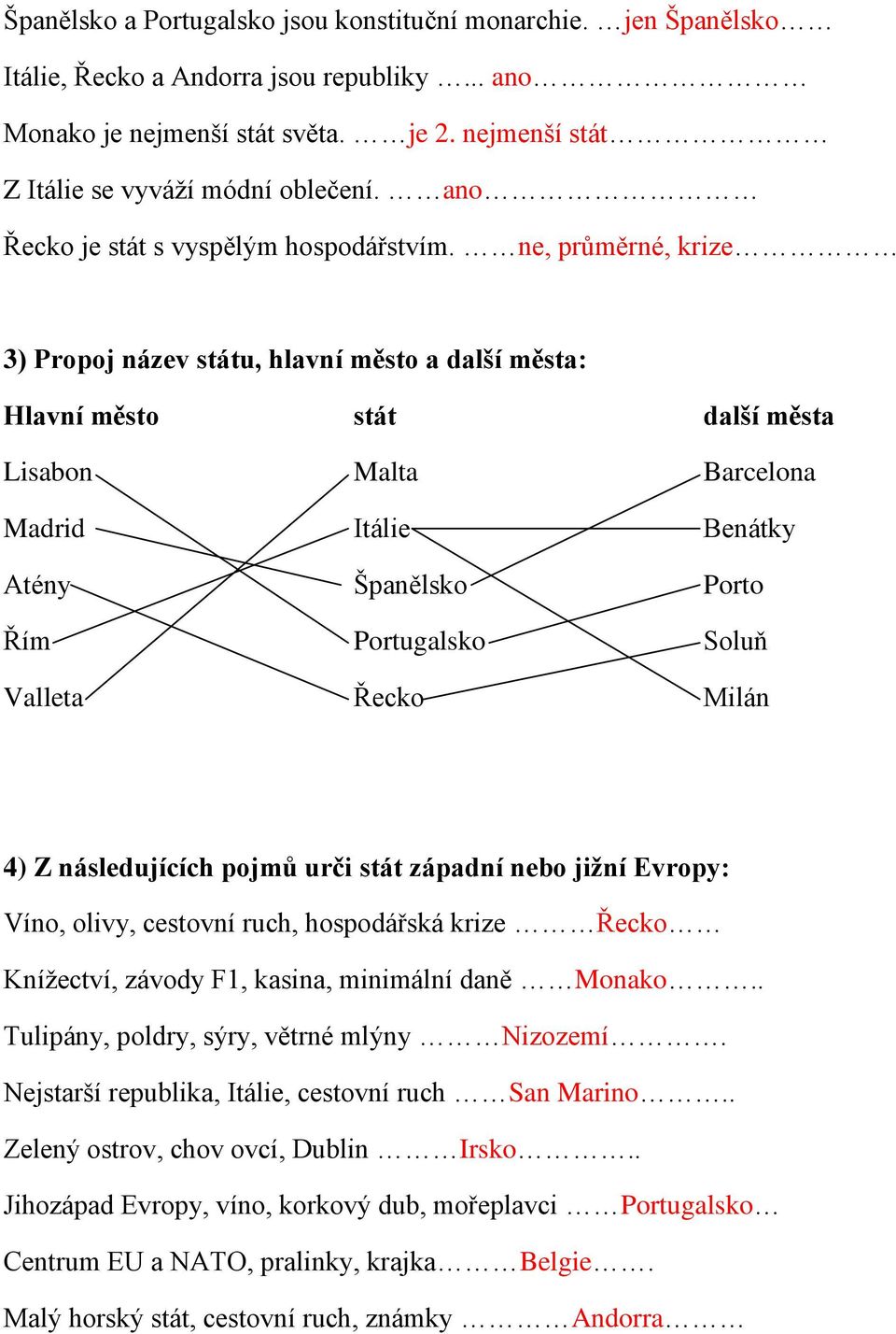 ne, průměrné, krize 3) Propoj název státu, hlavní město a další města: Hlavní město stát další města Lisabon Malta Barcelona Madrid Itálie Benátky Atény Španělsko Porto Řím Portugalsko Soluň Valleta