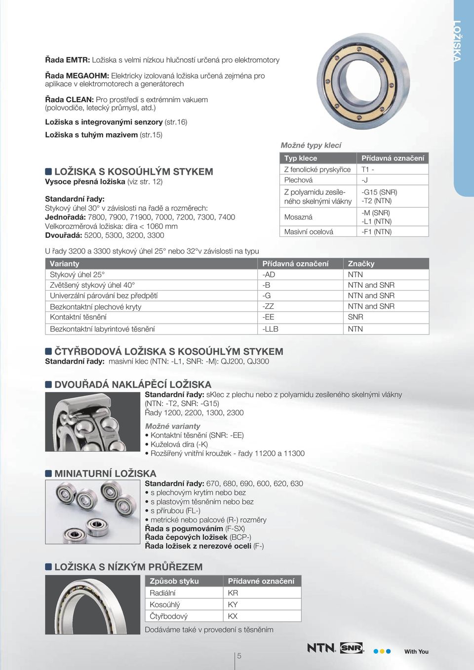 12) Standardní řady: Stykový úhel 30 v závislosti na řadě a rozměrech: Jednořadá: 7800, 7900, 71900, 7000, 7200, 7300, 7400 Velkorozměrová ložiska: díra < 1060 mm Dvouřadá: 5200, 5300, 3200, 3300