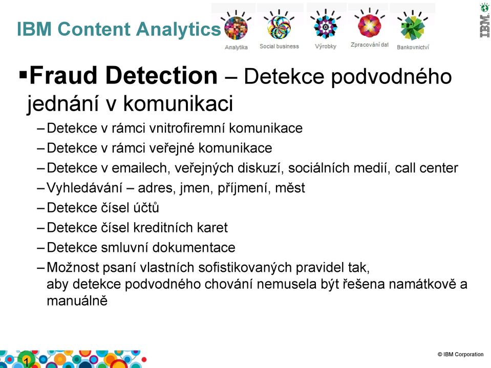 Vyhledávání adres, jmen, příjmení, měst Detekce čísel účtů Detekce čísel kreditních karet Detekce smluvní