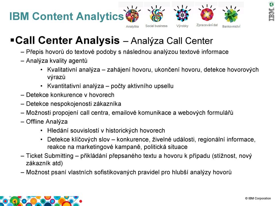 emailové komunikace a webových formulářů Offline Analýza Hledání souvislostí v historických hovorech Detekce klíčových slov konkurence, živelné události, regionální informace, reakce na