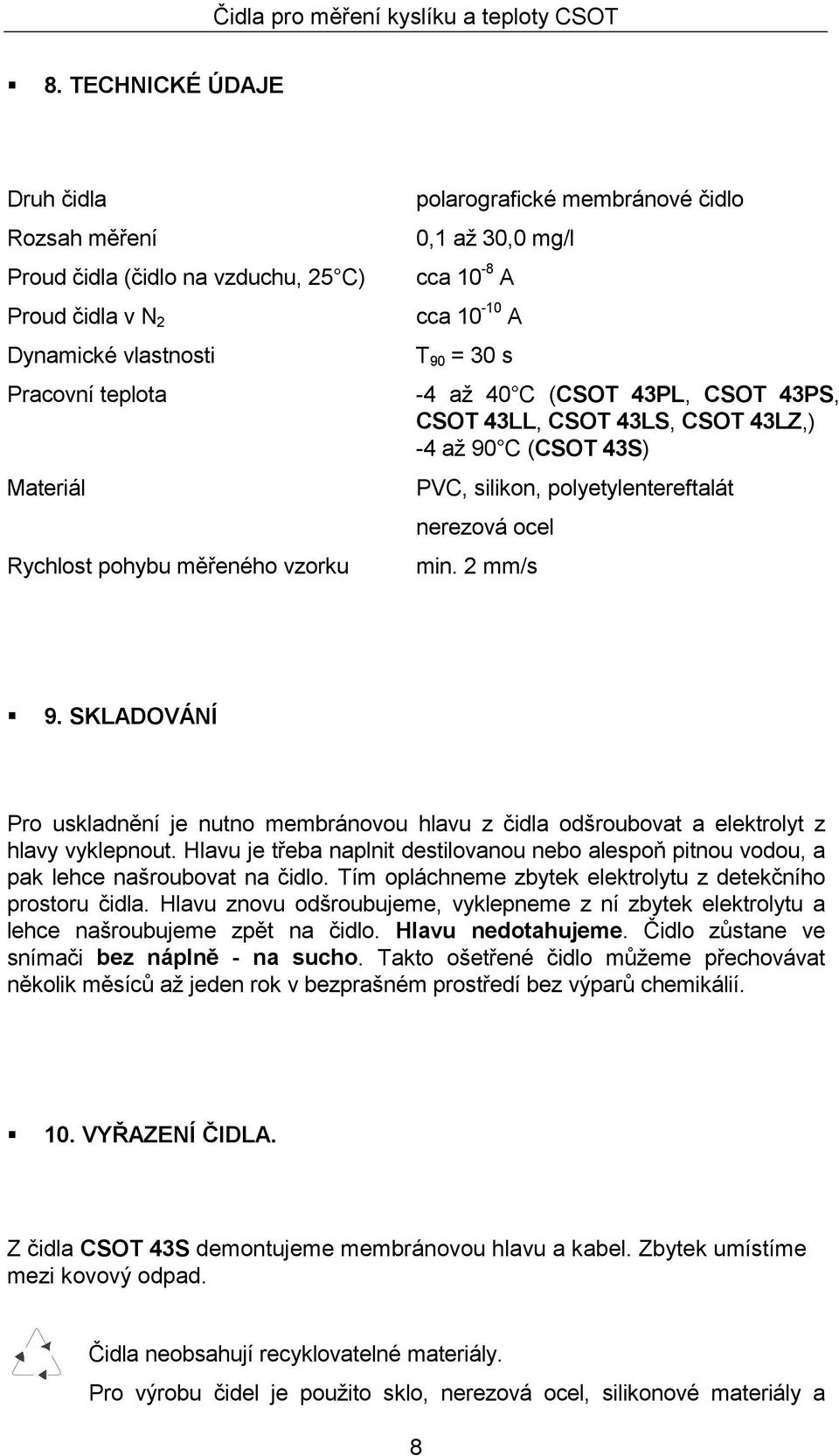 nerezová ocel min. 2 mm/s! 9. SKLADOVÁNÍ Pro uskladnění je nutno membránovou hlavu z čidla odšroubovat a elektrolyt z hlavy vyklepnout.