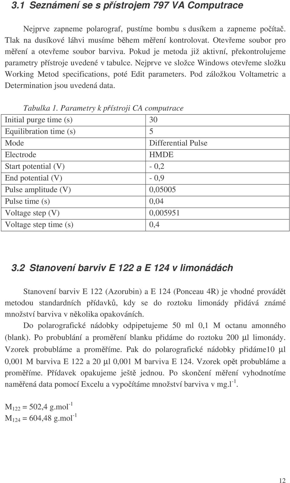 Nejprve ve složce Windows oteveme složku Working Metod specifications, poté Edit parameters. Pod záložkou Voltametric a Determination jsou uvedená data. Tabulka 1.