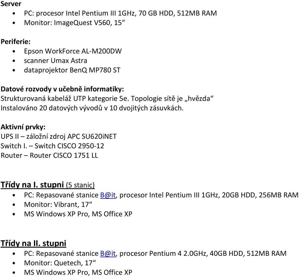 Aktivní prvky: UPS II záložní zdroj APC SU620iNET Switch I. Switch CISCO 2950-12 Router Router CISCO 1751 LL Třídy na I.