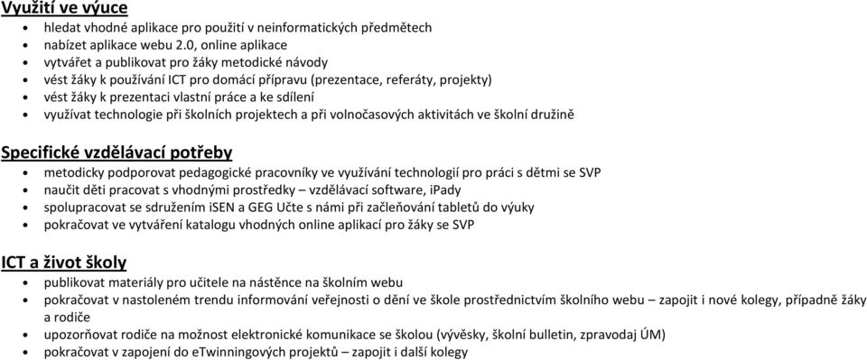 využívat technologie při školních projektech a při volnočasových aktivitách ve školní družině Specifické vzdělávací potřeby metodicky podporovat pedagogické pracovníky ve využívání technologií pro