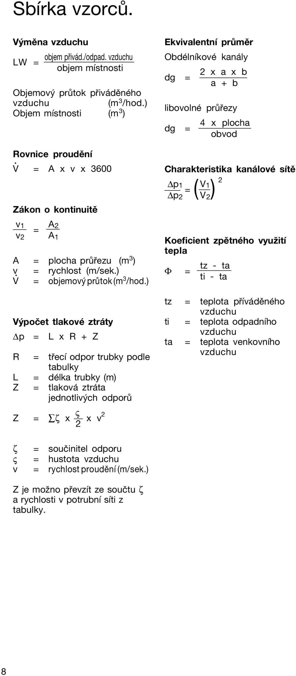 ) V poëet tlakovè ztr ty p = L x R + Z R = t ecì odpor trubky podle tabulky L = dèlka trubky (m) Z = tlakov ztr ta jednotliv ch odpor ς Z = ζ x x v 2 2 EkvivalentnÌ pr mïr ObdÈlnÌkovÈ kan ly 2 x a x