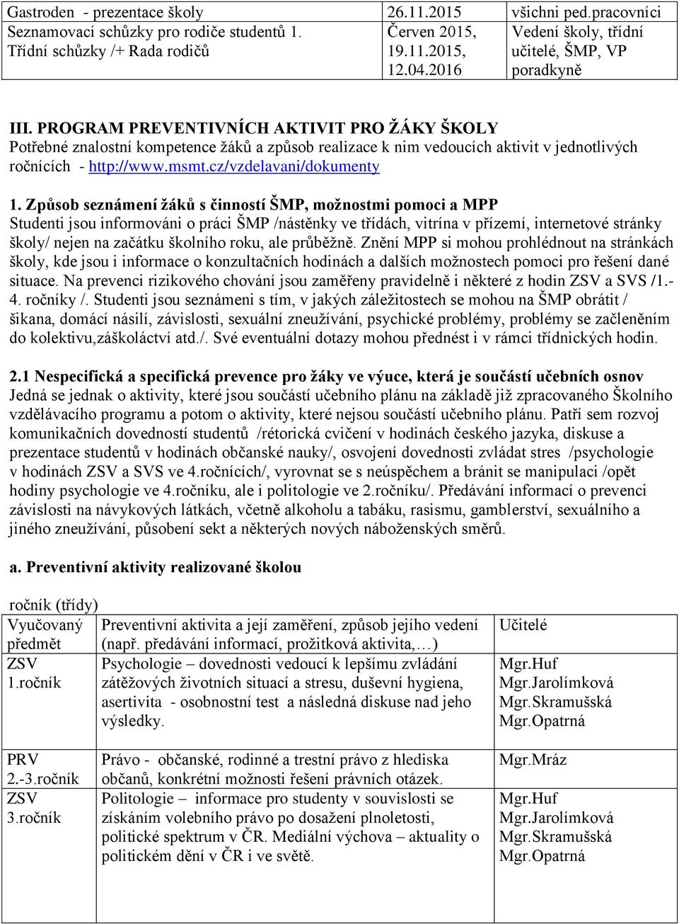 PROGRAM PREVENTIVNÍCH AKTIVIT PRO ŽÁKY ŠKOLY Potřebné znalostní kompetence žáků a způsob realizace k nim vedoucích aktivit v jednotlivých ročnících - http://www.msmt.cz/vzdelavani/dokumenty 1.