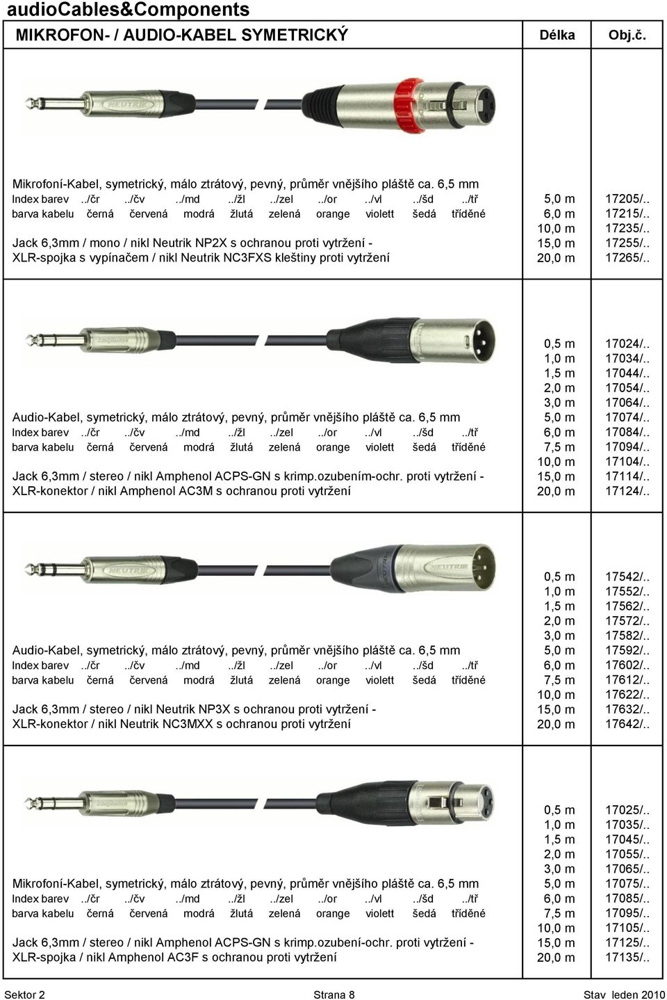 . Jack 6,3mm / mono / nikl Neutrik NP2X s ochranou proti vytržení - 15,0 m 17255/.. XLR-spojka s vypínačem / nikl Neutrik NC3FXS kleštiny proti vytržení 20,0 m 17265/.. 0,5 m 17024/.. 1,0 m 17034/.