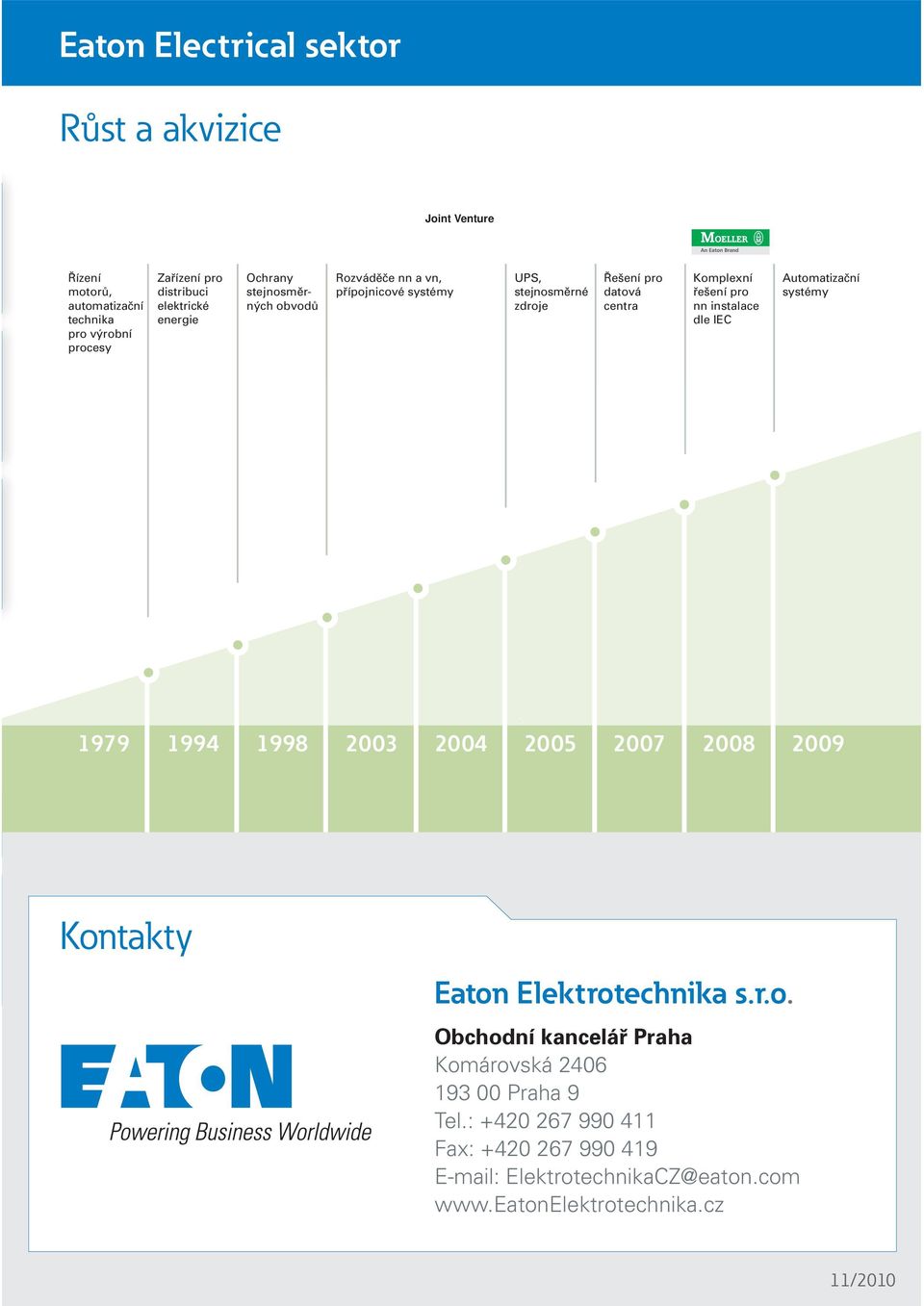 nn instalace dle IEC Automatizační systémy 1979 1994 1998 2003 2004 2005 2007 2008 2009 Kontakty Eaton Elektrotechnika s.r.o. Obchodní kancelář Praha Komárovská 2406 193 00 Praha 9 Tel.