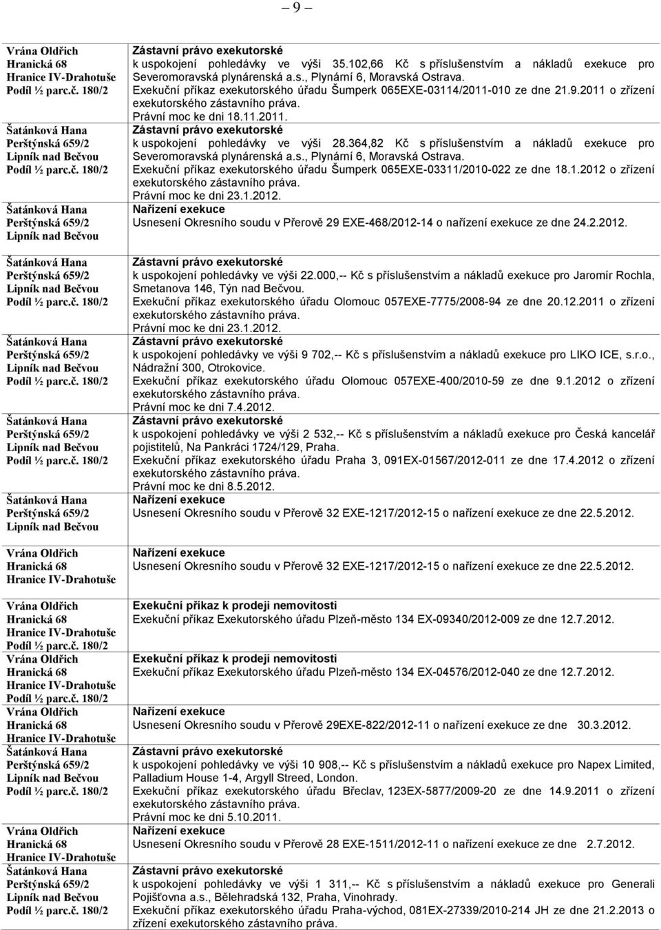 364,82 Kč s příslušenstvím a nákladů exekuce pro Severomoravská plynárenská a.s., Plynární 6, Moravská Ostrava. Exekuční příkaz exekutorského úřadu Šumperk 065EXE-03311