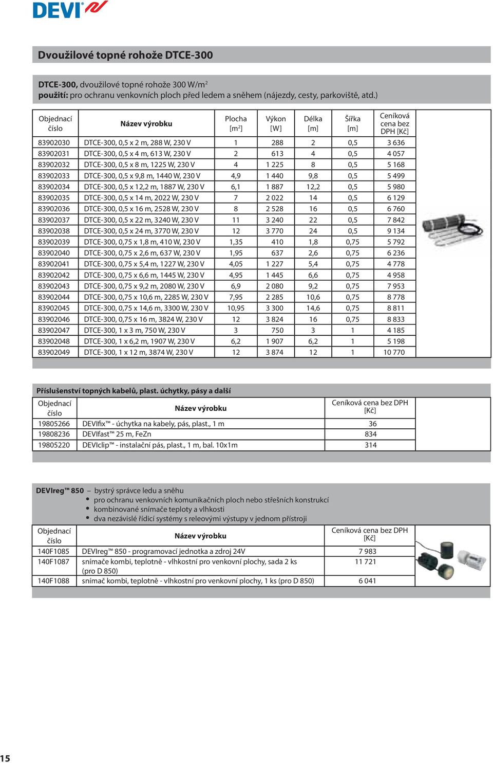 DTCE-300, 0,5 x 8 m, 1225 W, 230 V 4 1 225 8 0,5 5 168 83902033 DTCE-300, 0,5 x 9,8 m, 1440 W, 230 V 4,9 1 440 9,8 0,5 5 499 83902034 DTCE-300, 0,5 x 12,2 m, 1887 W, 230 V 6,1 1 887 12,2 0,5 5 980