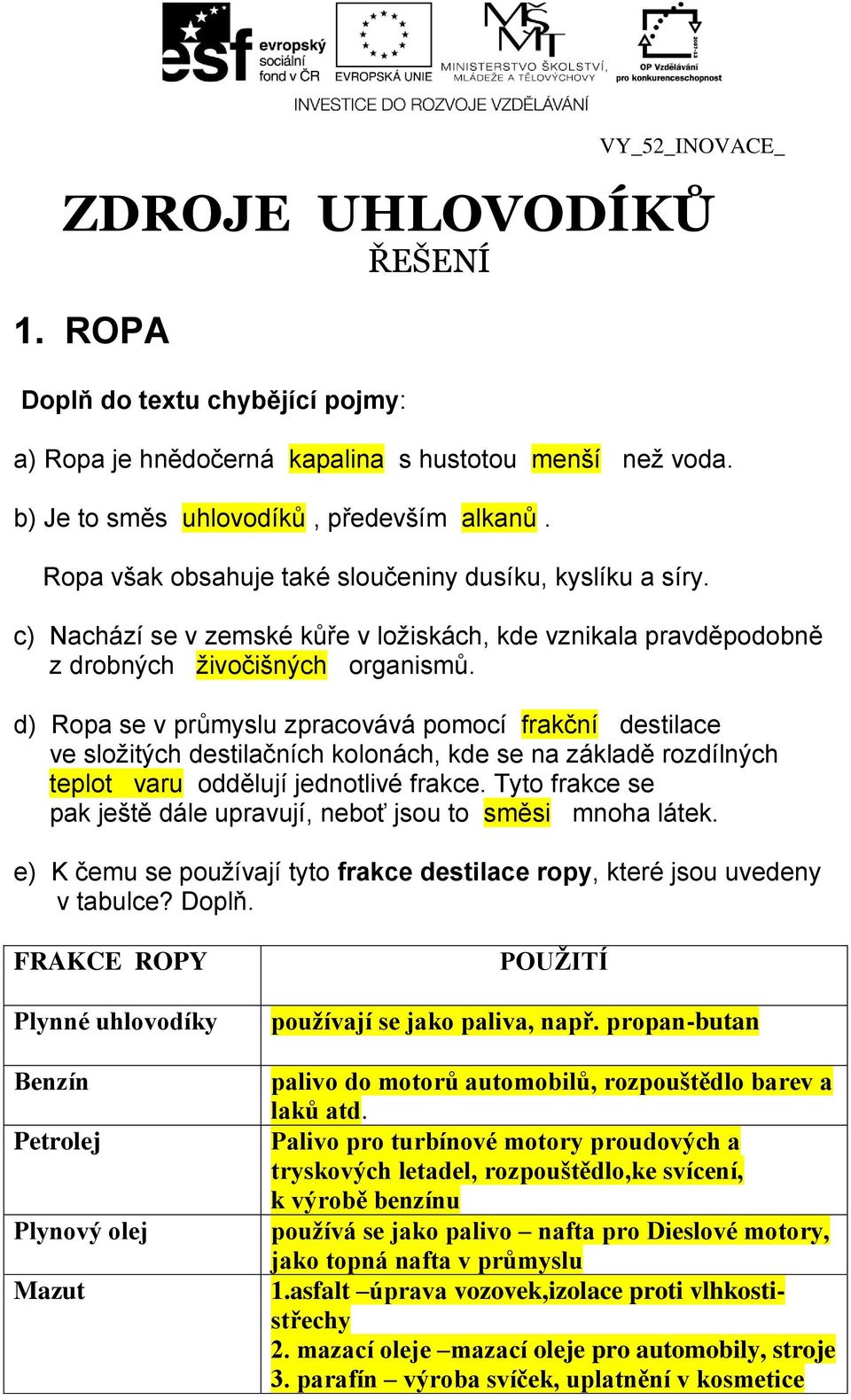 d) Ropa se v průmyslu zpracovává pomocí frakční destilace ve složitých destilačních kolonách, kde se na základě rozdílných teplot varu oddělují jednotlivé frakce.