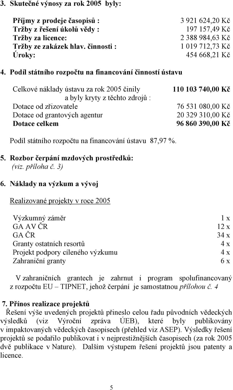 Podíl státního rozpočtu na financování činností ústavu Celkové náklady ústavu za rok 2005 činily a byly kryty z těchto zdrojů : Dotace od zřizovatele Dotace od grantových agentur Dotace celkem 110