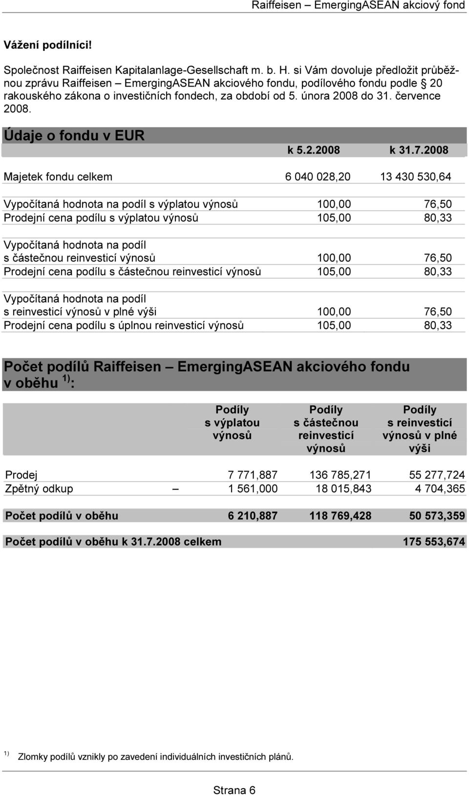 července 2008. Údaje o fondu v EUR k 5.2.2008 k 31.7.