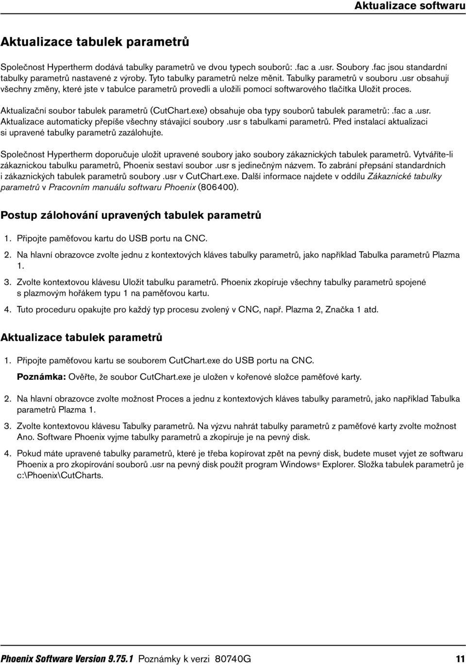 Aktualizační soubor tabulek parametrů (CutChart.exe) obsahuje oba typy souborů tabulek parametrů:.fac a.usr. Aktualizace automaticky přepíše všechny stávající soubory.usr s tabulkami parametrů.