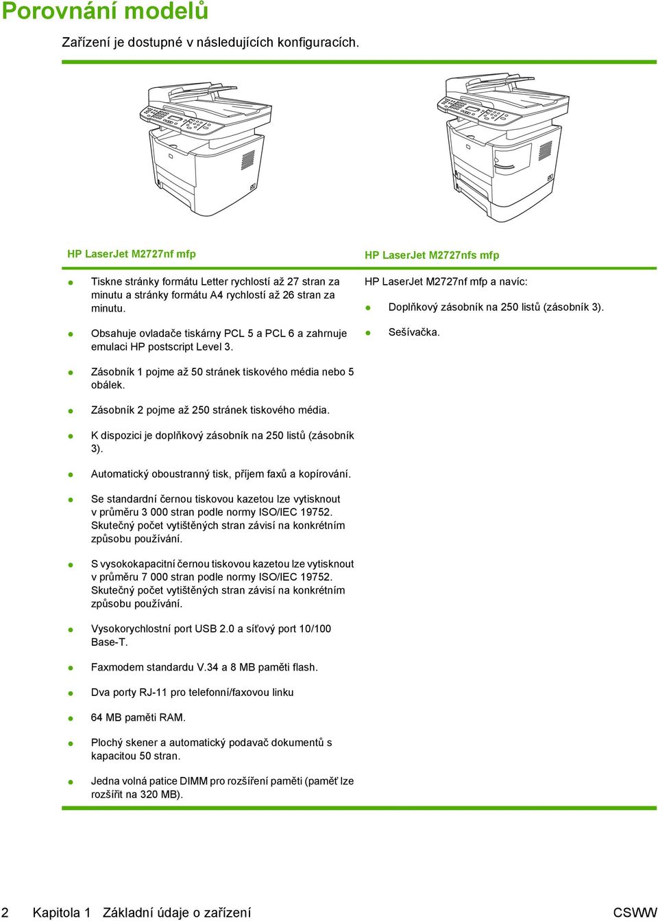 HP LaserJet M2727nf mfp a navíc: Doplňkový zásobník na 250 listů (zásobník 3). Obsahuje ovladače tiskárny PCL 5 a PCL 6 a zahrnuje emulaci HP postscript Level 3. Sešívačka.