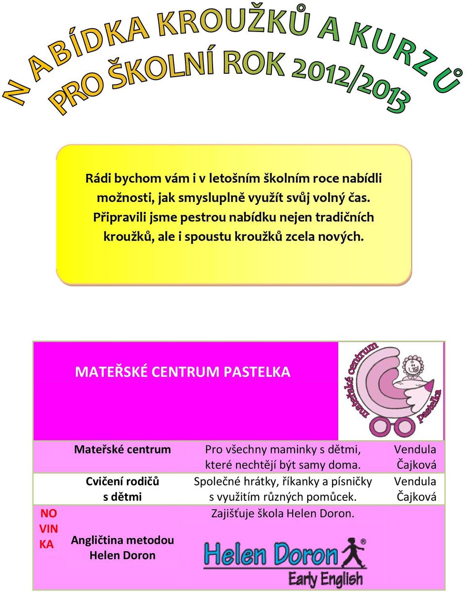MATEŘSKÉ CENTRUM PASTEL Mateřské centrum Cvičení rodičů s dětmi Angličtina metodou Helen Doron Pro všechny maminky s