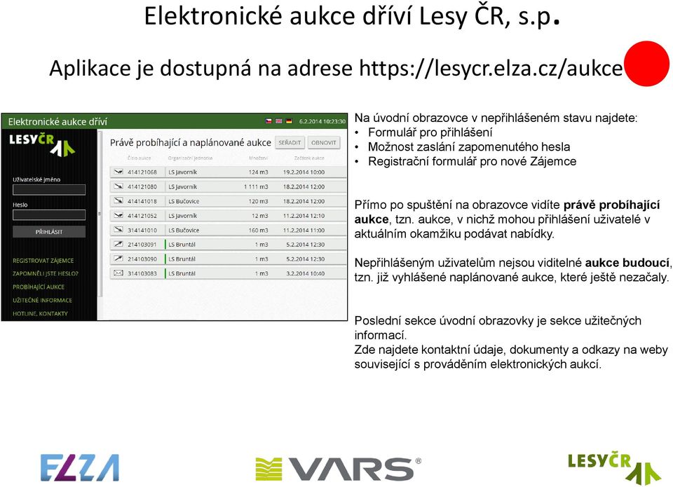 Přímo po spuštění na obrazovce vidíte právě probíhající aukce, tzn. aukce, v nichž mohou přihlášení uživatelé v aktuálním okamžiku podávat nabídky.