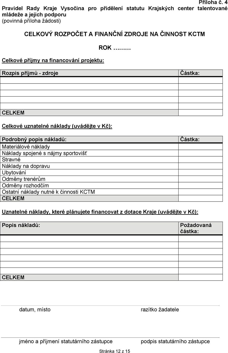 Celkové příjmy na financování projektu: ROK Rozpis příjmů - zdroje Částka: CELKEM Celkové uznatelné náklady (uvádějte v Kč): Podrobný popis nákladů: Materiálové náklady Náklady spojené s