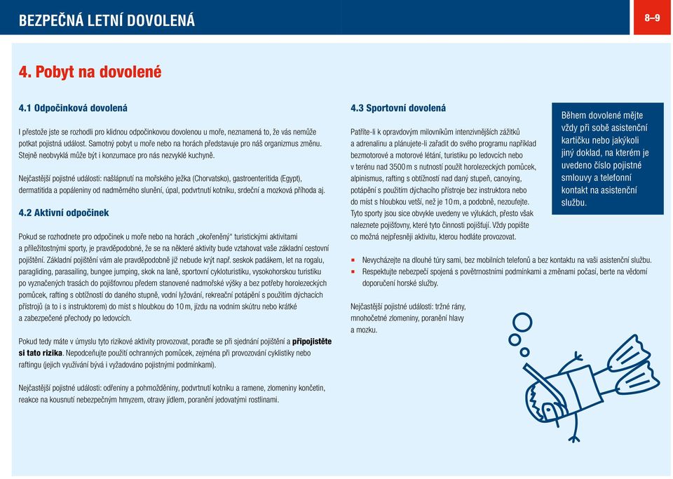 Nejčastější pojistné události: našlápnutí na mořského ježka (Chorvatsko), gastroenteritida (Egypt), dermatitida a popáleniny od nadměrného slunění, úpal, podvrtnutí kotníku, srdeční a mozková příhoda