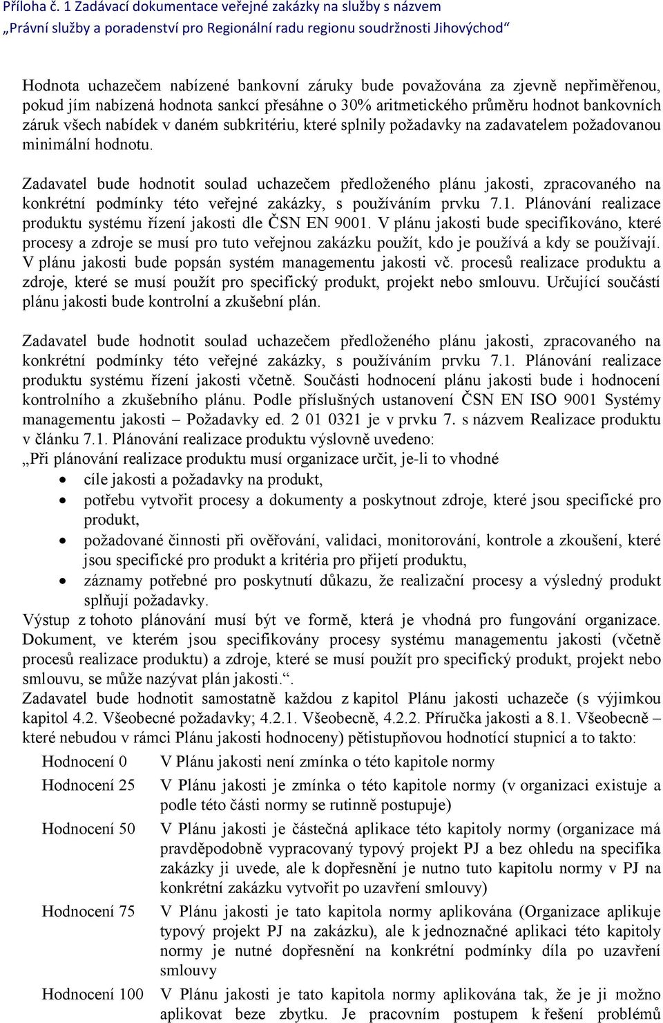 Zadavatel bude hodnotit soulad uchazečem předloženého plánu jakosti, zpracovaného na konkrétní podmínky této veřejné zakázky, s používáním prvku 7.1.