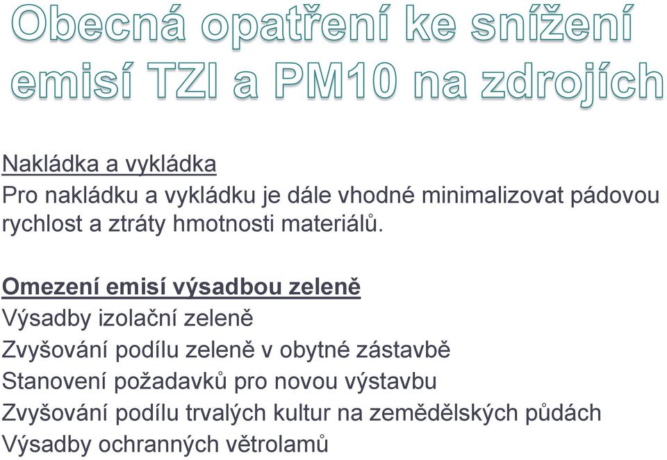 Omezení emisí výsadbou zeleně Výsadby izolační zeleně Zvyšování podílu zeleně v