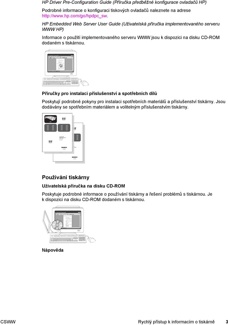 Příručky pro instalaci příslušenství a spotřebních dílů Poskytují podrobné pokyny pro instalaci spotřebních materiálů a příslušenství tiskárny.