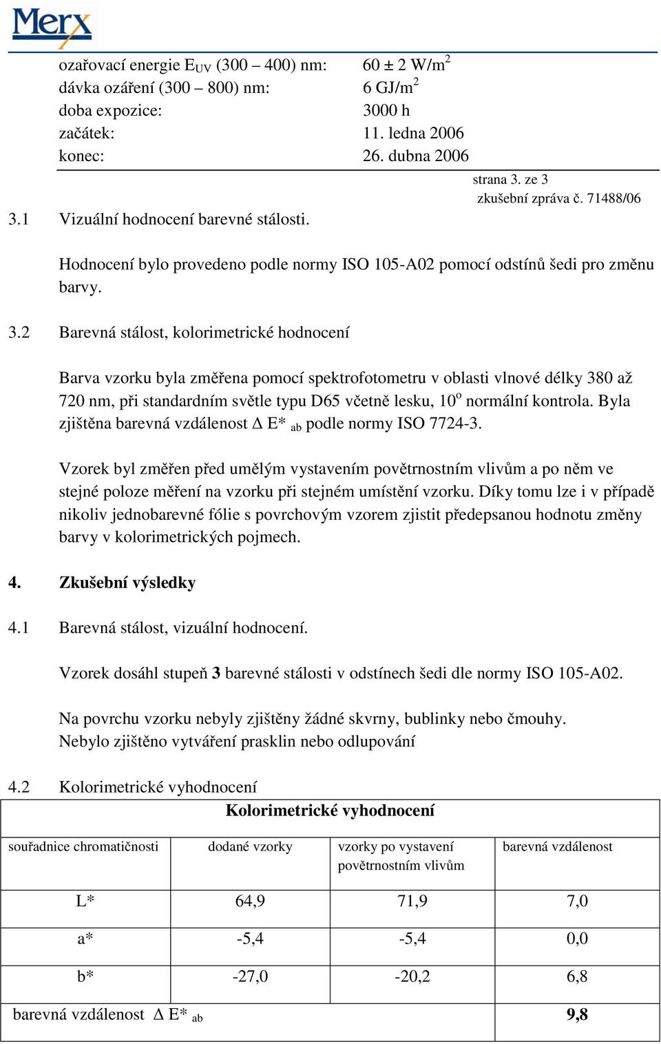 ze 3 zkušební zpráva č. 71488/06 Hodnocení bylo provedeno podle normy ISO 105-A02 pomocí odstínů šedi pro změnu barvy. 3.2 Barevná stálost, kolorimetrické hodnocení Barva vzorku byla změřena pomocí