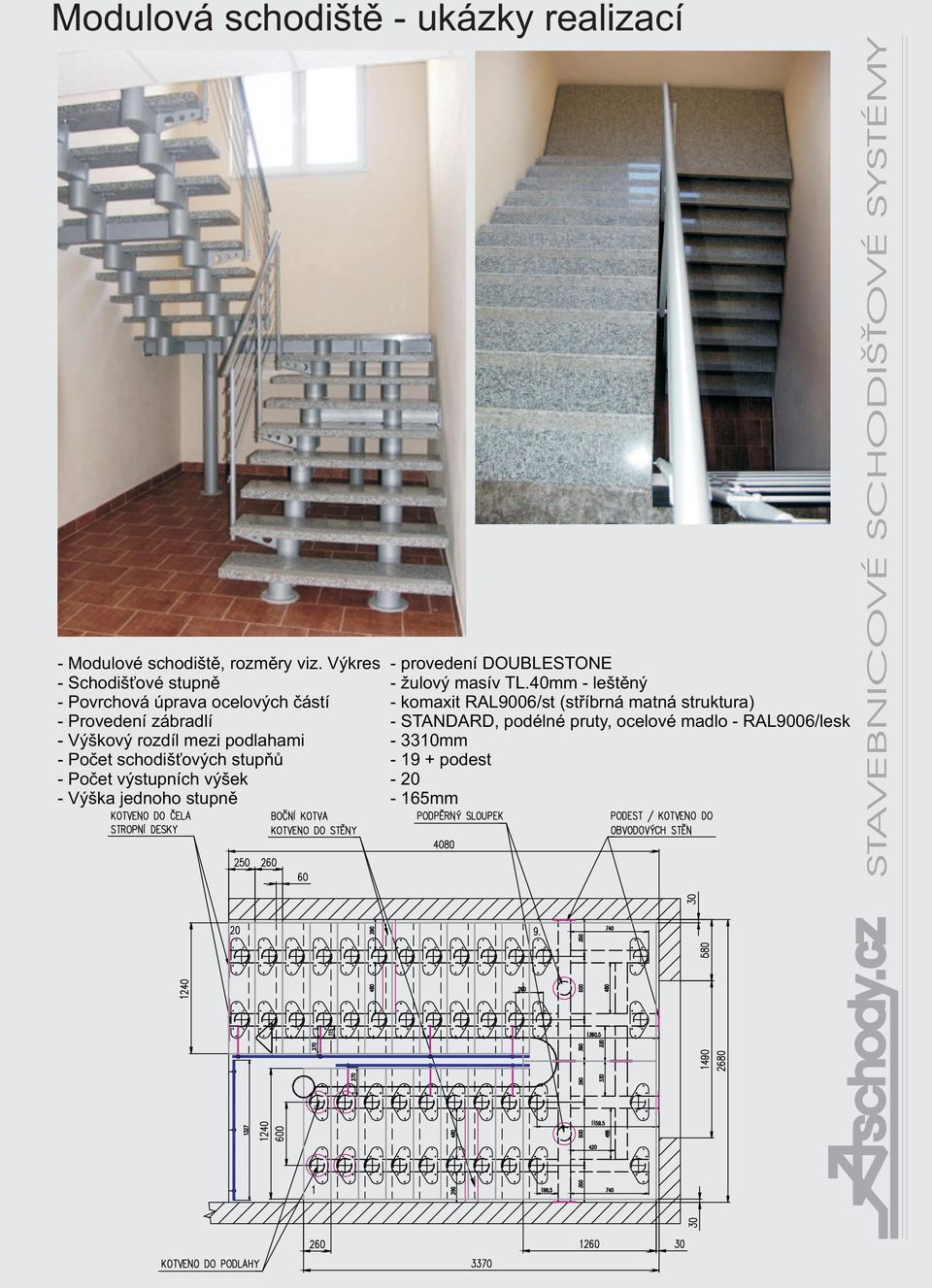 Provedení zábradlí - STANDARD, podélné pruty, ocelové madlo - RAL9006/lesk - Výškový rozdíl mezi