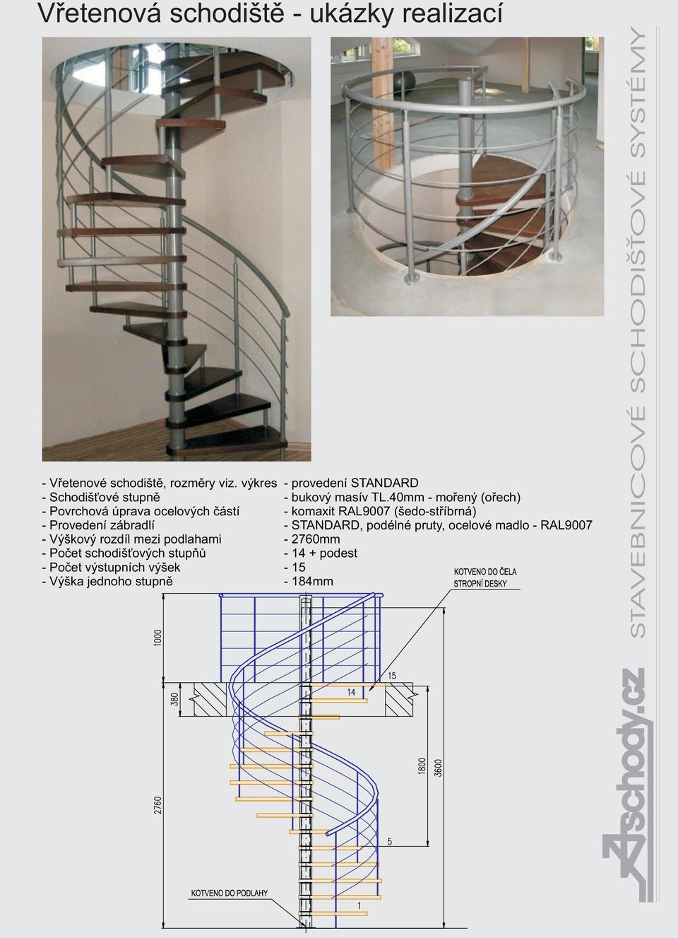 40mm - moøený (oøech) - Povrchová úprava ocelových èástí - komaxit RAL9007 (šedo-støíbrná) - Provedení zábradlí