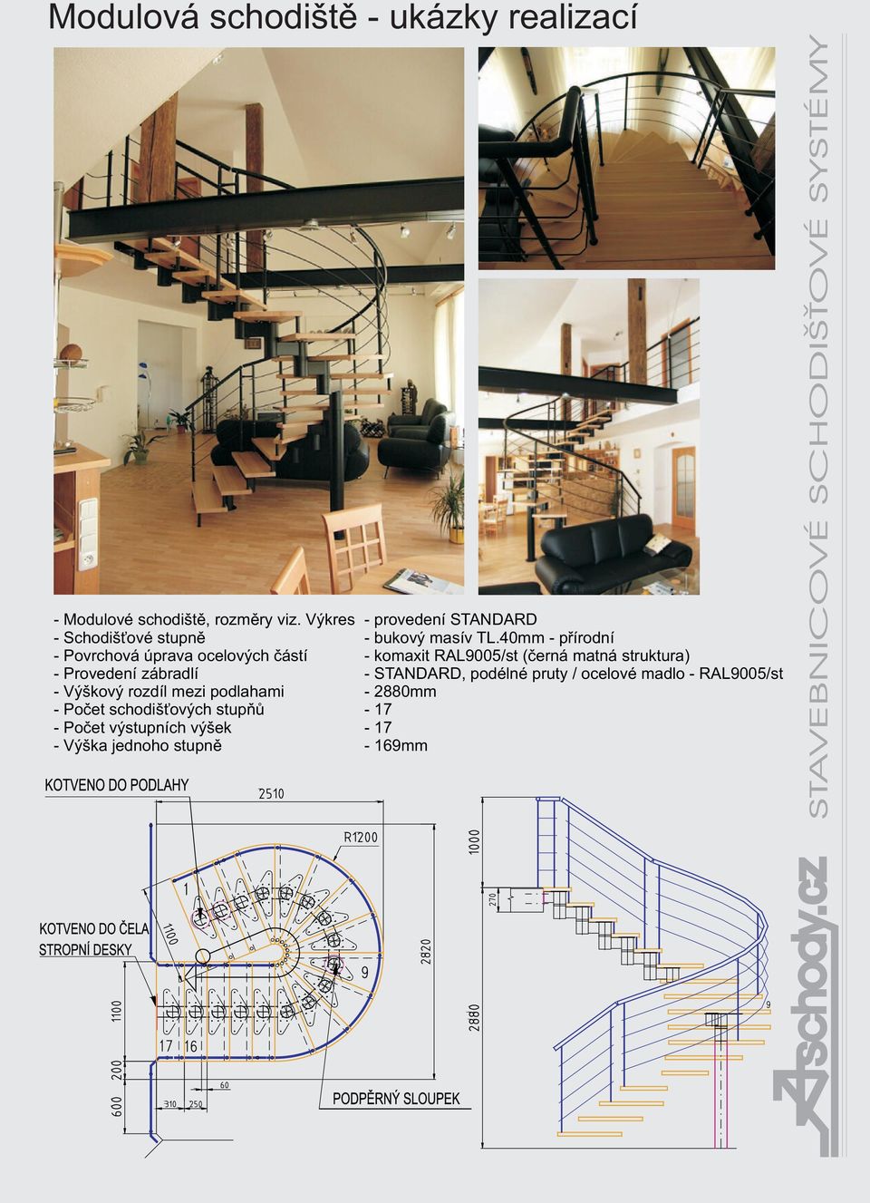 Provedení zábradlí - STANDARD, podélné pruty / ocelové madlo - RAL9005/st - Výškový rozdíl mezi