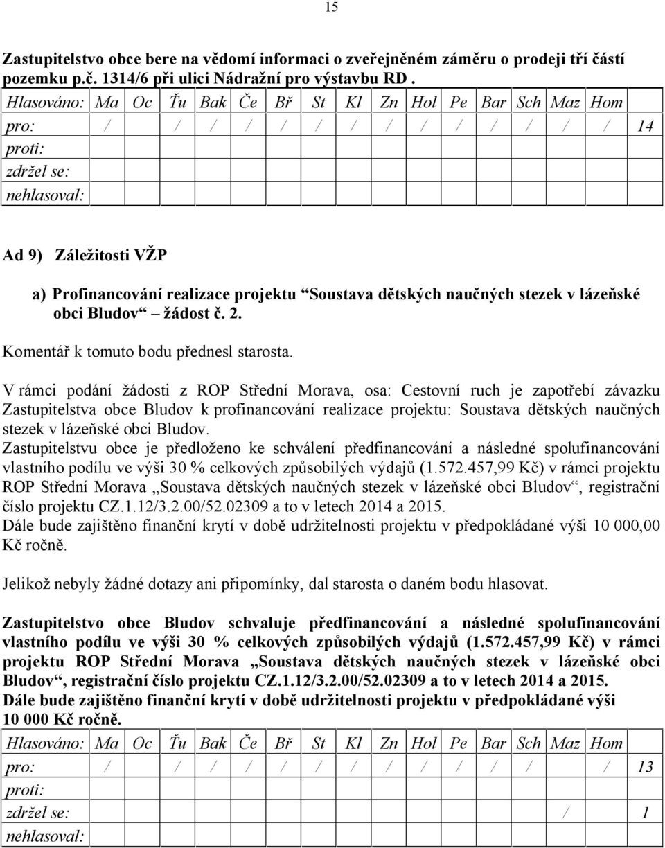 V rámci podání žádosti z ROP Střední Morava, osa: Cestovní ruch je zapotřebí závazku Zastupitelstva obce Bludov k profinancování realizace projektu: Soustava dětských naučných stezek v lázeňské obci