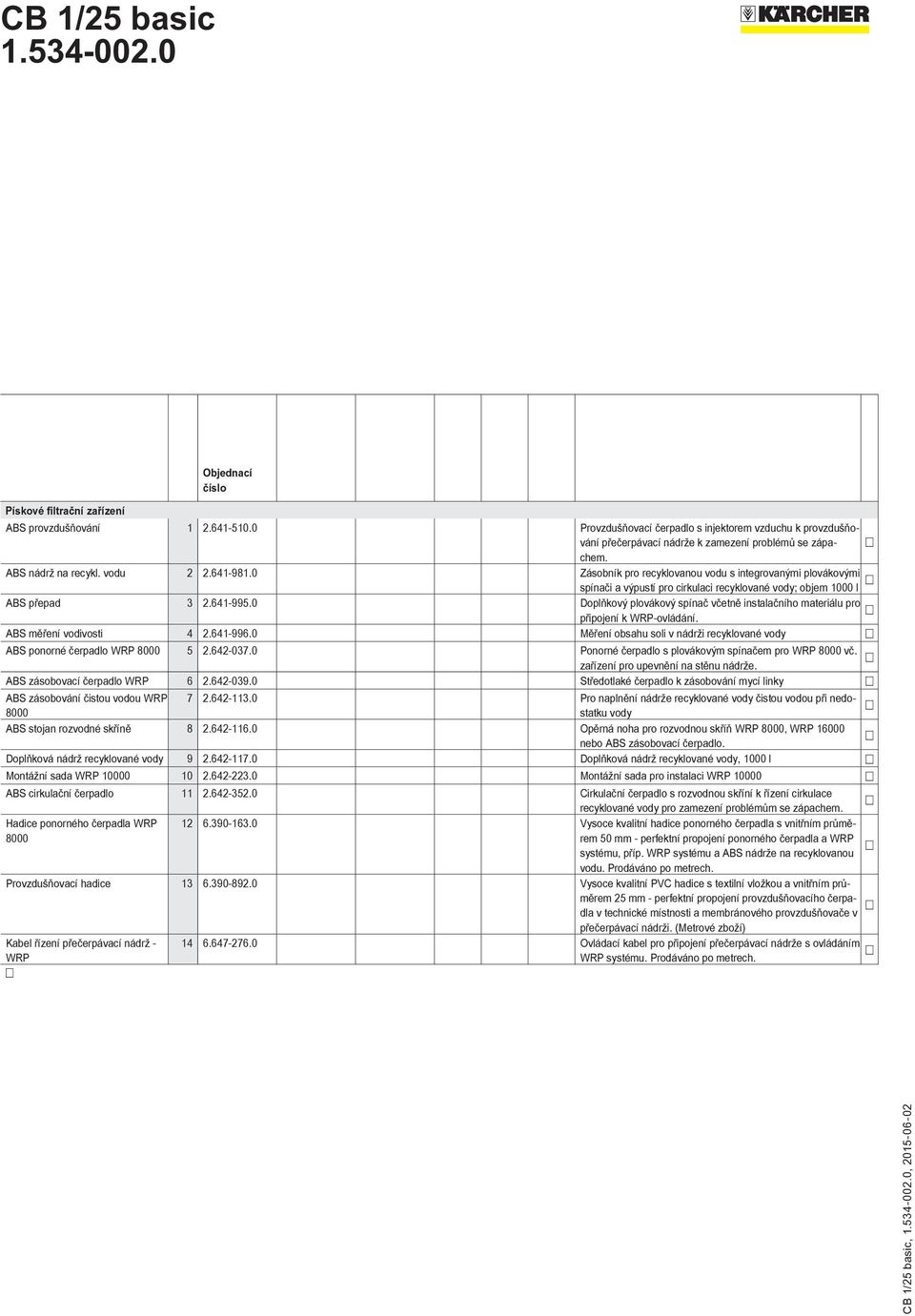 0 Doplňkový plovákový spínač včetně instalačního materiálu pro připojení k WRP-ovládání. ABS měření vodivosti 4 2.641-996.
